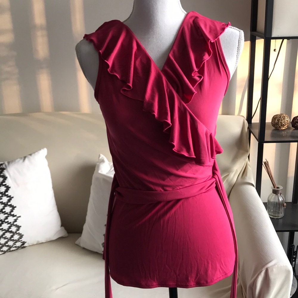 Magenta Ruffle Criss Cross Blouse w/ Tie Waist